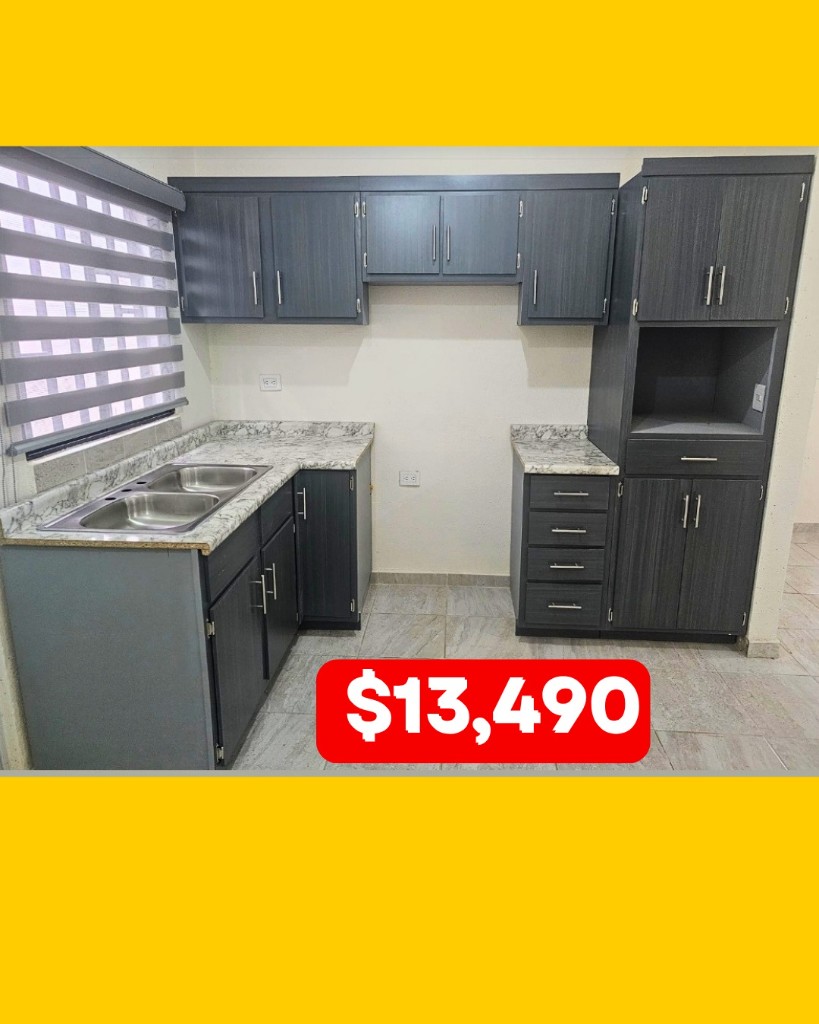 Paquete de cocina modular gris con alacena y tarja, desde 13,490 pesos