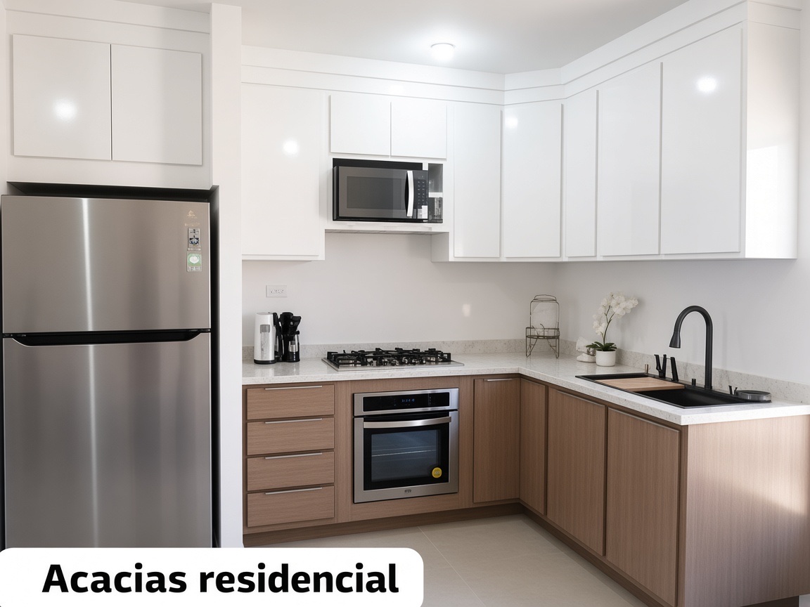 Cocina integral instalada en Acacias residencial, blanco y madera clara